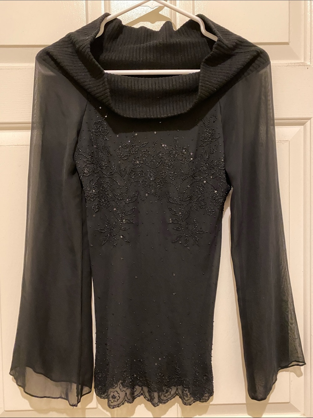 Black Beaded Lace-Trim Sheer Sleeve Top